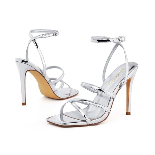 Image of Elisabet Tang Women's Crystal Stilettos Heeled Sandals, 4 Inch Square Open Toe Strappy Sexy High Heels Ankle Strap Buckle Heels for Party Wedding Dress Daily Wear Shoes