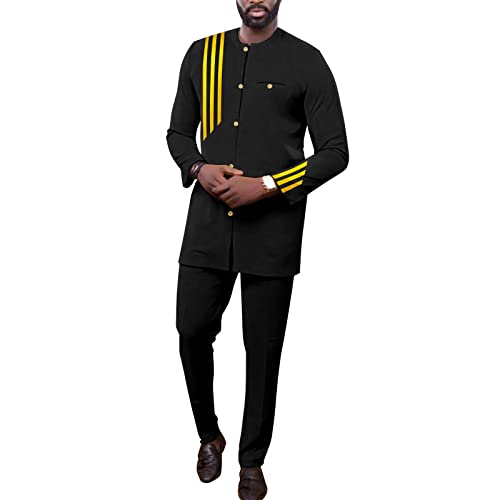 African Suits for Men Single Breasted Embroidery Jacket and Pants 2 Pieces Set Formal Outfits