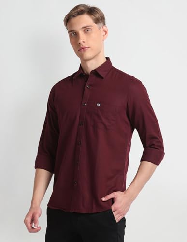 Image of Arrow Solid Slim Fit Mens Casual Shirts - 100% Cotton, Breathable & Comfortable, Full Sleeves Shirt for Men