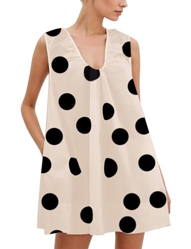 Women Polka Dot Babydoll Mini Dress Summer Sleeveless Scoop Neck Ruched Short Dresses Party Tank Dress with Pockets