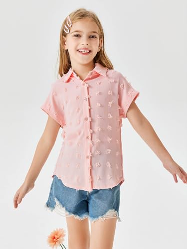 Image of Haloumoning Girls Button Down Shirts Short Sleeve Kids Casual Chiffon Blouse Summer Tops T-Shirt
