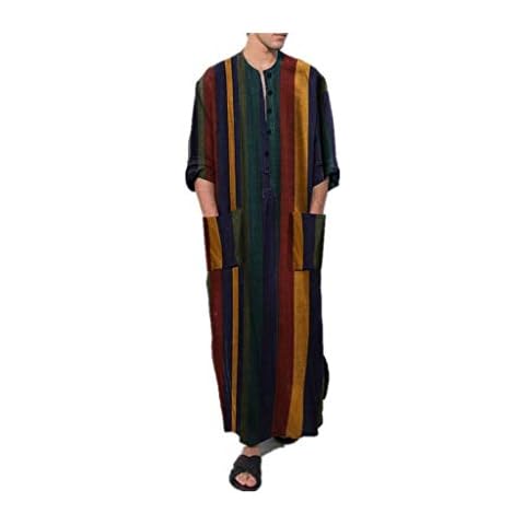 HUAZONG Mens Muslim Dress,Casual Ethnic Muslim Thobe Linen Strpied Print Kaftan Middle East Saudi Arabic Robes Dresses with Pockets (Vintage Stripe, M) Cover