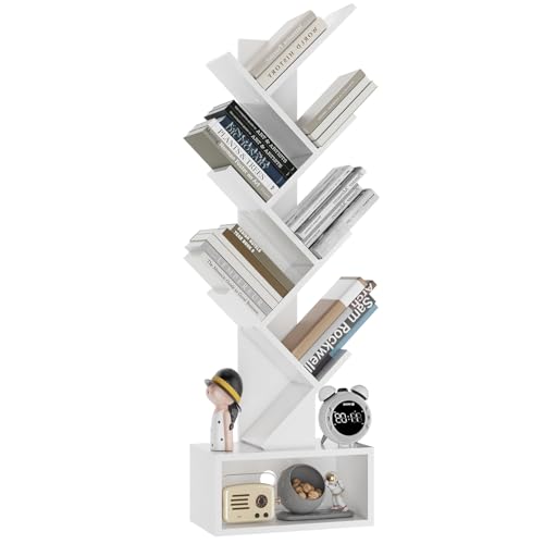 YMYNY Estantería de árbol, Librería, Estante de Pie para Libros, Librería Vertical para salón, Sala de Estar, Dormitorio, Oficina, 112 cm, Blanco