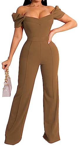 Elegant Plus Size Jumpsuits for Women Formal Casual V Ncek Short Sleeve Clubwear Loose Wide Leg Long Pants Party Romper Brown