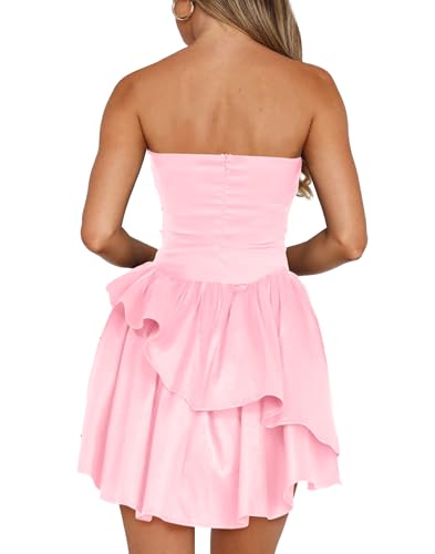 Image of HYPERFIRE Women's Strapless Tube Satin Mini Dress Tiered Layered A-Line Short Formal Dresses