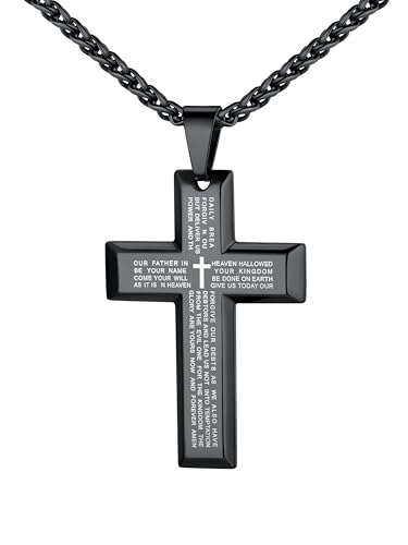 U7 Chunky Cross Necklace for Men Women, Black Stainless Steel Rope Chain Christian Cross Necklaces Pendant