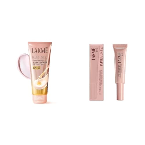 Image of Lakme Peach Milk Sunscreen Moisturiser SPF 50 PA with 2% Pro-Ceramides Peptides Lakme Peptide Lip IV with 5% Peptide-Niacinamide Complex, For Intense Hydration With A Serum-Like Texture