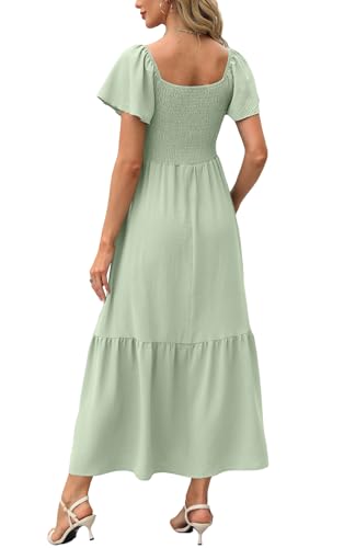 Image of OFEEFAN Summer Dresses for Women Square Neck Ruffle Sleeve Smocked Maxi Dress with Pockets