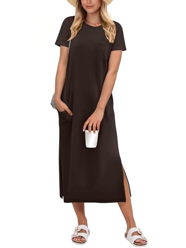 Image of ANRABESS Womens Midi Dress,Summer Long Tshirts Dresses,Short Sleeve Split Stripe,Comfy Travel Beach Vacation Casual Wear