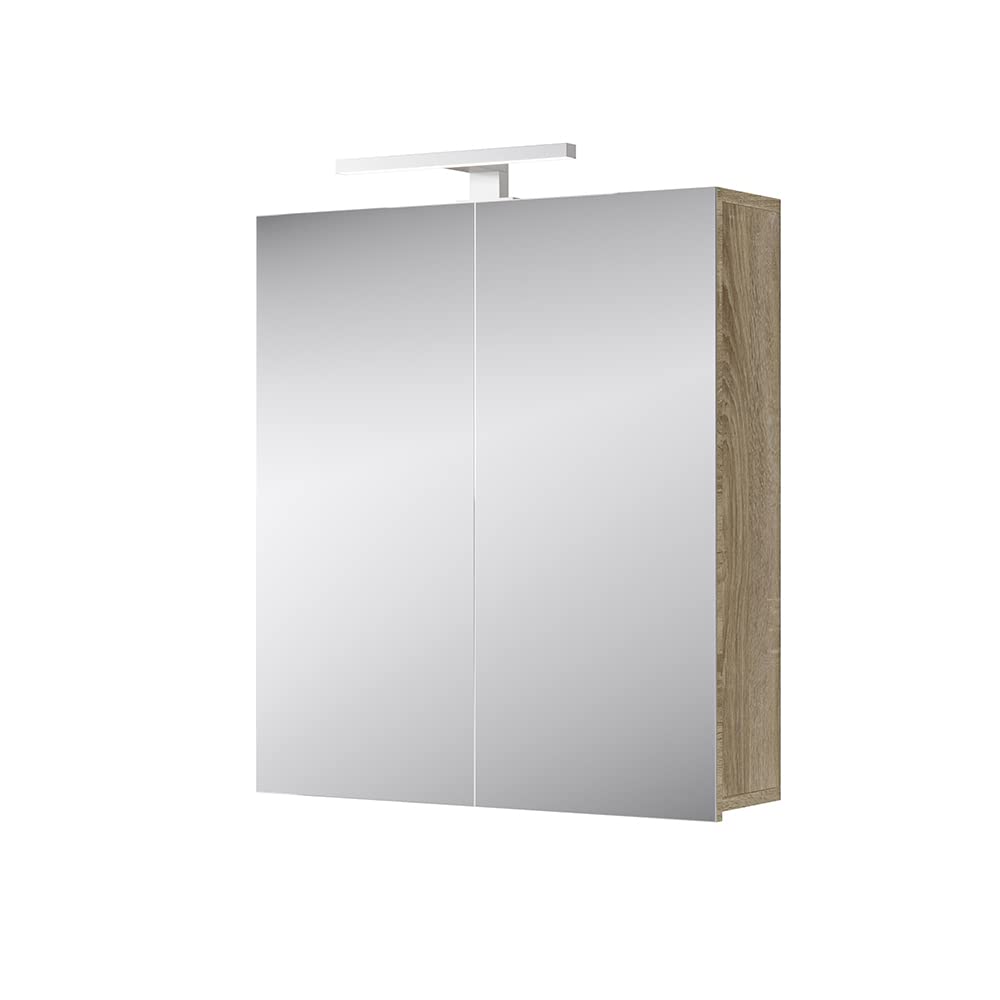 Planetmöbel Merkur Armario con Espejo baño con iluminación 60 cm Ancho | Armario baño suspendido con Espejo | iluminación LED Cromo | Roble Sonoma