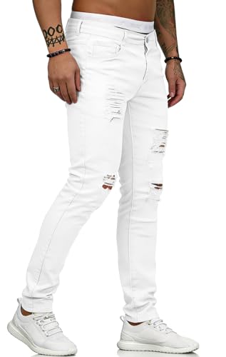 Image of HUNGSON Men's Blue Slim Fit Jeans Stretch Destroyed Ripped Skinny Jeans Side Striped Denim Pants