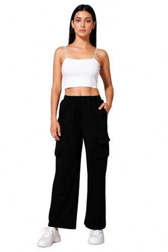 Image of Women's Black Cargo Trousers, Wide Leg, Elastic Waist, Multi-Pocket, Casual Style