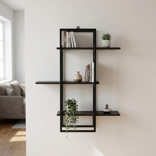 Image of Mighty Home Floating Wall Shelf with Black Metal Frame + Wooden Shelves, Wall Mounted Shelf for Books, Plants & Decor, 3 Tier DIY Organizer for Home & Office, Black