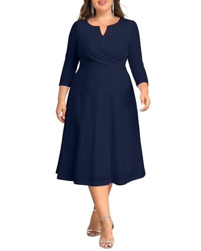 Image of Plus Size Wedding Guest Dress - Church Midi Fall Semi Formal 3 /4 Sleeve V Neck A-line Dress for Women 2025