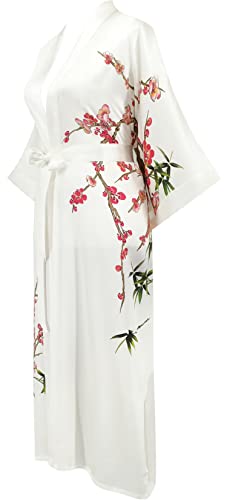 Kwedhonjh Women's Classic 100% Silk Kimono Robe, Bathrobe—Printed Pattern (Plum White) #TOP6