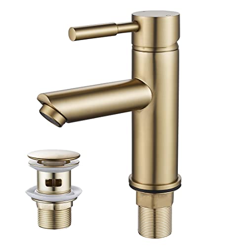 Gold Basin Tap with Waste,Luckyhome Washroom Sink Mixer Taps Single Lever Brass Cold and Hot Water Faucet