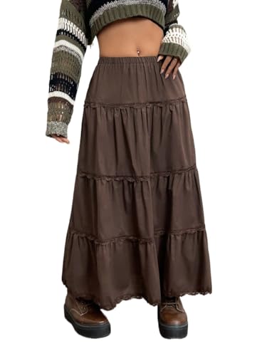 Solid Ruffle Hem Lace Trim Skirt Basic Women's Summer Casual Vinage Skirt