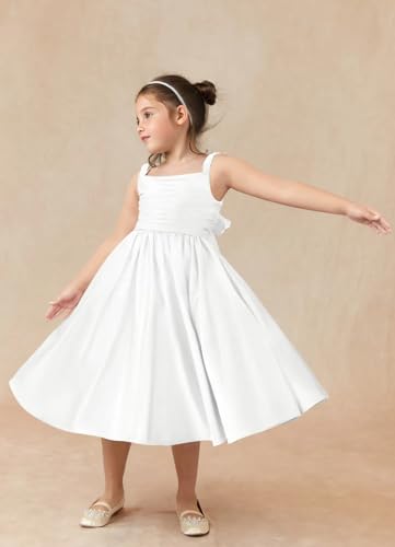 Satin Flower Girl Dress for Wedding Straps Ruffled Formal Pageant Midi Dresses with Bow Knot4