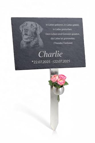 ReGrape Grabstein Urnengrab - Grabplatte aus Premium Schiefer mit witterungsbeständiger Lasergravur | 30x20cm | Menschen oder Haustiere | kostenlose Gravur mit exlusiven Edelstahlhalter