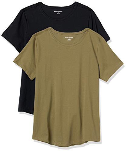 Amazon Essentials Women's Classic-Fit 100% Cotton Short-Sleeve Crewneck T-Shirt (Available In Plus Size), Pack Of 2, Olive/Black, Medium #TOP12
