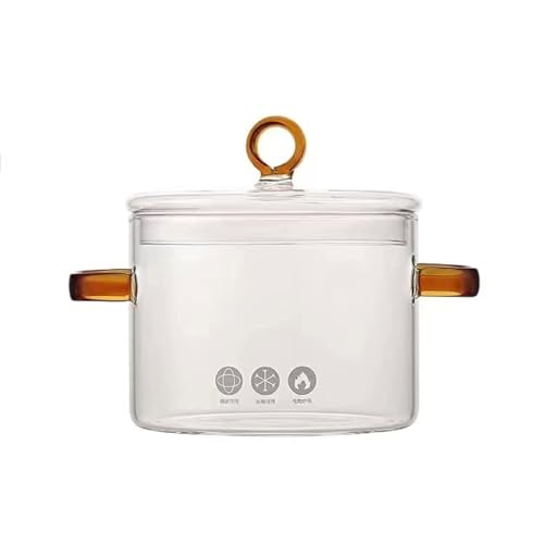 Kityemo 1,5 l Klarglas-Töpfe zum Kochen mit Deckel, Kochtopf mit Deckel, Kochtopf mit Deckel, hitzebeständiger Glasherd und Pfanne, Suppentöpfe für Nudeln, Suppe, Müsli, Obst (brauner Griff)