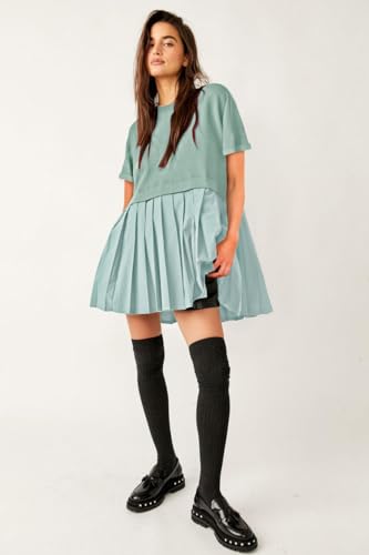 Image of SAUKOLE Womens Summer Crew Neck Short Sleeve Dress Patchwork Pleated A Line Beach Mini Dress