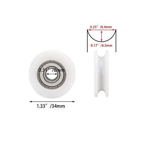 CNBTR 4PCS U Type Groove Plastic Guide Bearing Pulley Wheel 34mm Outer Diameter 8mm Shaft Hole for Max-Load 79kg, Sliding Door Window Roller, Office Equipment Roller