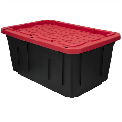 Image of Storage Bins 27 Gal Stackable with Lids 4 Pack for Garage Basement | Stackable with Lockable Lid Option - Secure stacking design with tie-down holes for zip-ties or padlocks.