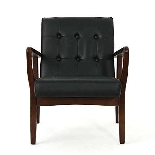 Image of APRODZ Solid Wood Accent Chair for Living Room Mid Century Modern Faux Leather Upholstered Chair with Wooden Legs Lounge Button Tufted Chair for Bedroom Office Seating (Black)