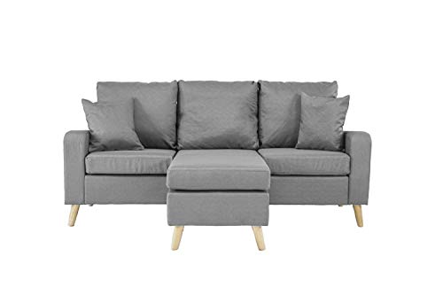 Divano Roma Furniture Middle Century Modern Linen Fabric Small Space Sectional Sofa with Reversible Chaise (Light Grey) - Thumbnail 7