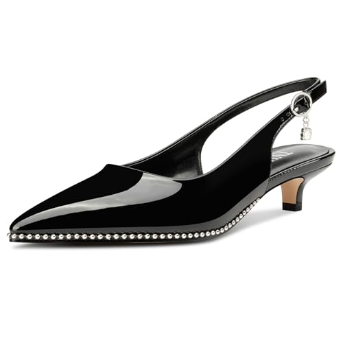Image of TNYNFBEB Womens Low Kitten Heel Close Pointed Toe Pumps Slingback Silver Beaded Buckle Prom Party Dress Patent Leather 1.4 Inches Heels