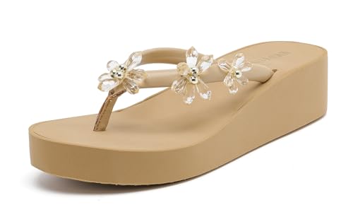 MMbyzhuo Womens Wedges Sandals for Women Platform Flip Flops wedge flip flops Flats Summer Comfort Thong Sandals for Women Khaki,US 7