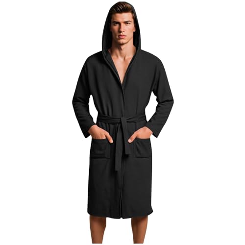 Mens Waffle Hooded Robe Lightweight Spa Bathrobe Knit Kimono Shower Robes V Neck Long Sleeve Sleepwear with Pockets