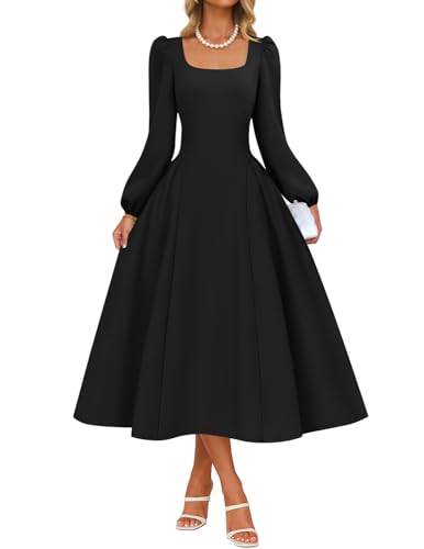 ZESICA Women's Long Sleeve Midi Dresses 2025 Fall Square Neck Hight Wasit A Line Flowy Wedding Cocktail Party Dress
