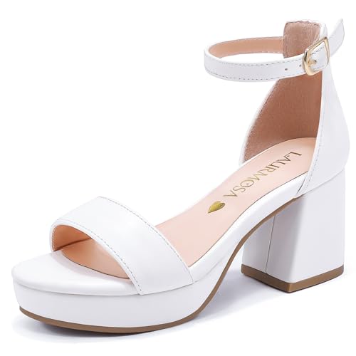 LAURMOSA Flower Girl Shoes Girls Dress Shoes White High Heels for Kids Dressy Sandals Size 4 Ankle Strap Open Toe Chunky White Heel Platform Pumps Wedding Church Party Big Kids Teens (L1038PWhite 4)