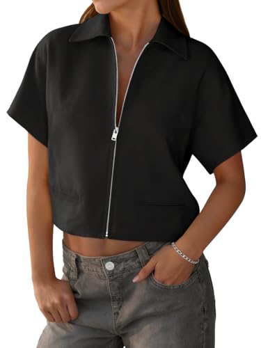 Tankaneo Womens Trendy Vest Top Summer Casual Short Sleeve Zip Up Blazer Cropped Loose Fit Collared Blouses