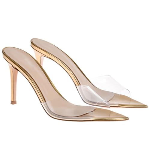 WYUETRA Women's Clear Pointed Toe Slingback Stilettos Heel Sandals Fashion Sexy Comfortable Summer Open Toe Backless Slip On Dress Slides Sandals for Casual Outdoor Party Work Wedding (Gold,8)