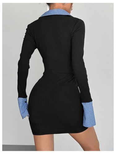 Floerns Women's Plaid Patchwork Ruched Dress Long Sleeve Business Bodycon Mini Dresses2