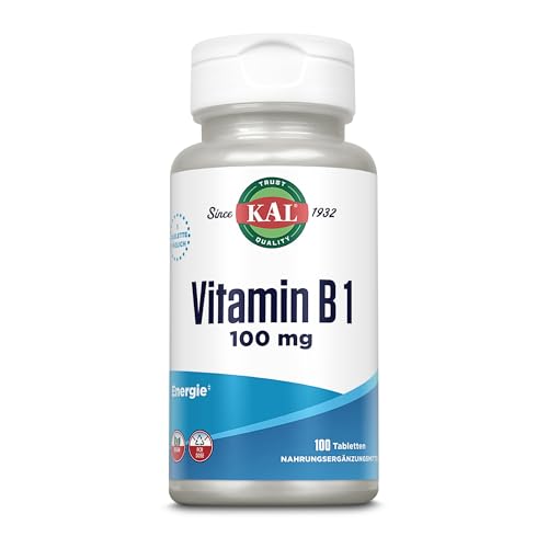 KAL Vitamin B1 | 100 mg | 100 Tabletten | Vitamin B | vegan | glutenfrei | ohne Gentechnik | laborgeprüft | Nahrungsergänzungsmittel mit Thiamin | normale psychische Funktion & Herzfunktion