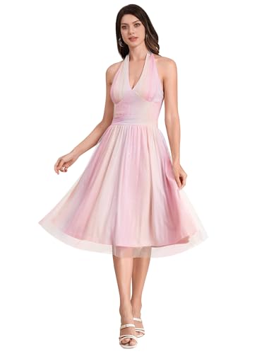 Glitter Sparkle Tulle Prom Dresses for Women Halter V Neck Sleeve...