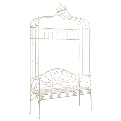 Homgoday Decoración de muebles, banco de jardín de 122 cm, de hierro blanco envejecido, muebles de interior/exterior para salón, oficina