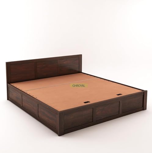 Image of Solid Sheesham Wood King Size with Hydraulic Storage | Wooden Double Bed Cot Palang Furniture for Bedroom Living Room and Home (Walnut Finish)