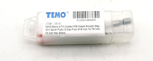 Image of TEMO Black AITiN Coated M35 Cobalt Smooth Step Drill Spiral Flute Unibit, 12 Size from 3 /16 Inch to 7 /8 Inch, 1 /4 Inch Hex Shank