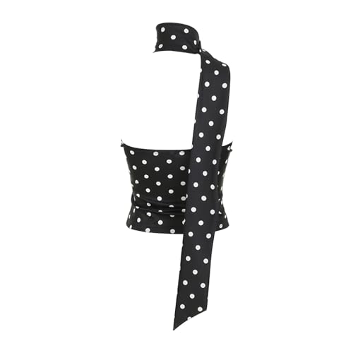 Camisa de tirantes para mujer, diseño de lunares, un hombro, sin mangas, parte superior, sin espalda, con bufanda, top verde para mujer, Negro , S