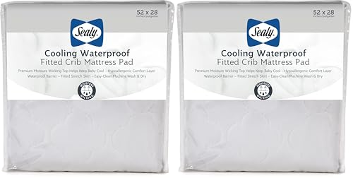 Sealy Baby Cooling Moisture Wicking Fitted Waterproof Infant Crib Mattress Protector Pad and Toddler Bed Cover, Durable and Comfortable Topper, Machine Washable & Dryer Friendly, 52” x 28”- White
