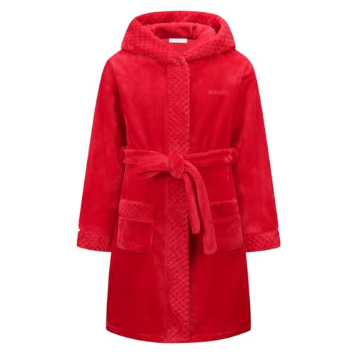 BuyiRen Boys Girls Dressing Gown Kids Robes - Flannel Hooded Robe Loungewear Red 13-15 Years