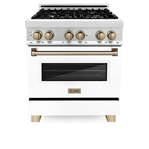 Zline Autograph Edition 30" 4.0 Cu. Ft. Dual Fuel Range With Gas Stove And Electric Oven In Stainless Steel With White Matte Door And Champagne Bronze Accents (Raz-Wm-30-Cb) #TOP2