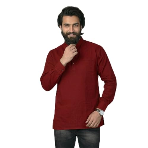 Image of Men's Cotton Regular Short Kurta | Casual & Ethnic Wear with Long Sleeve