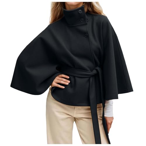 Duohropke Chaqueta corta de lana para mujer, abrigo de cuello alto, gabardina con cinturón, manga murciélago, ponchos capa, elegante, chaqueta de invierno, abrigo clásico de pavo real, ropa exterior