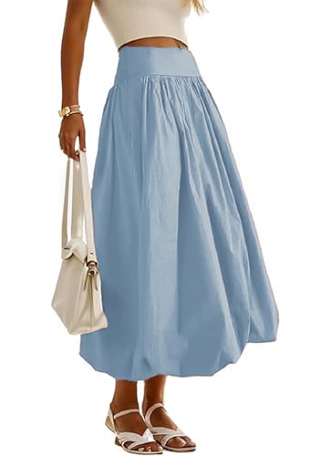 Women's Bubble Long Skirt Elastic Waist A-Line Pleated Ruffle Flowy Balloon Maxi Skirts with Pockets